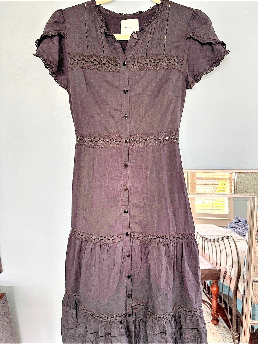 Reformation Woodson Dress Black Lace Trim Tiered Midi Size 4